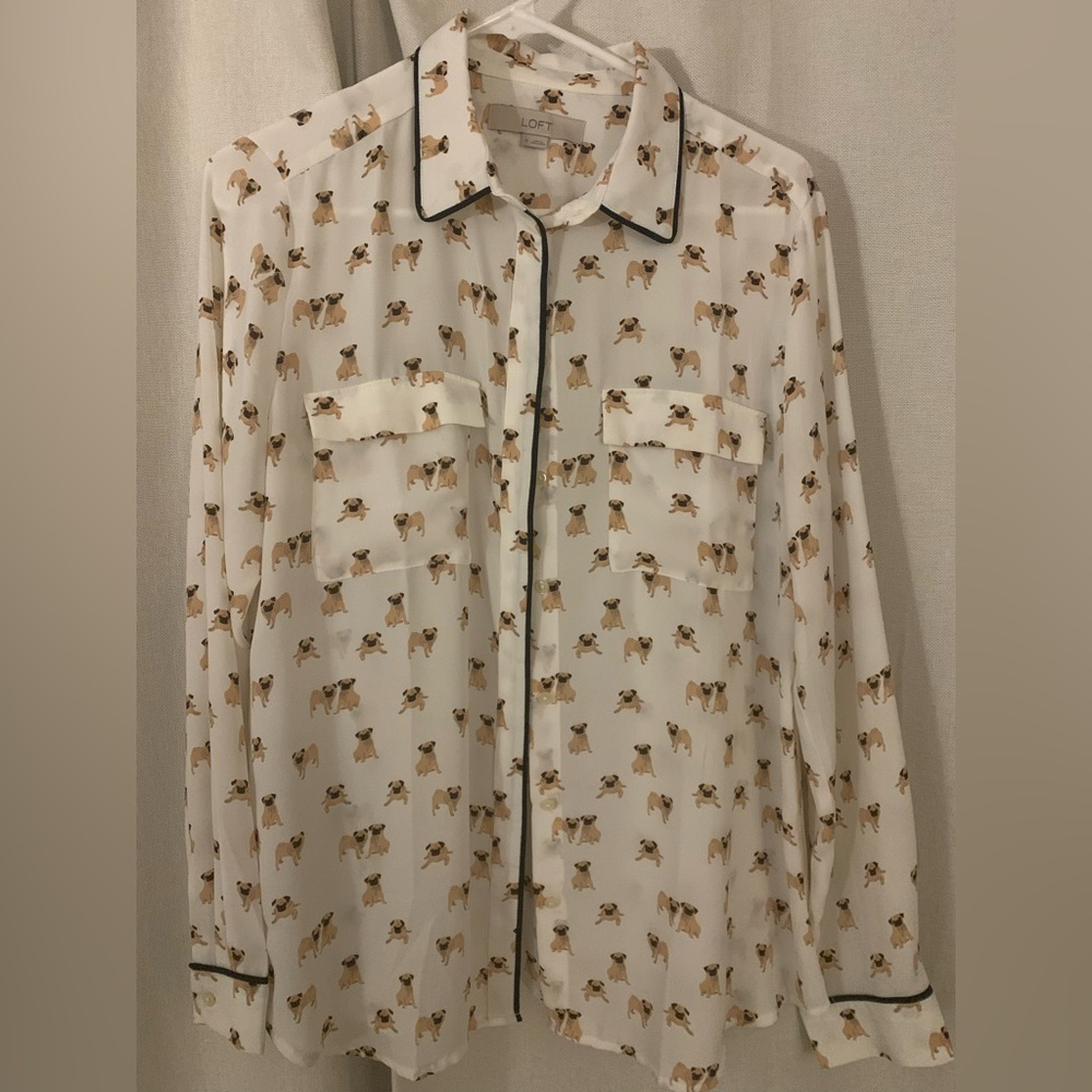 Adorable Pug LOFT Button Down Blouse, Size Medium